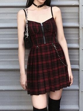 Red Plaid Zipper GOTHIC Mini Dress with Spaghetti Straps